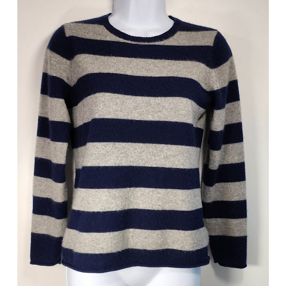 Hh__Hhh Women's 100% Cashmere Striped Sweater Navy Gray Crewneck L